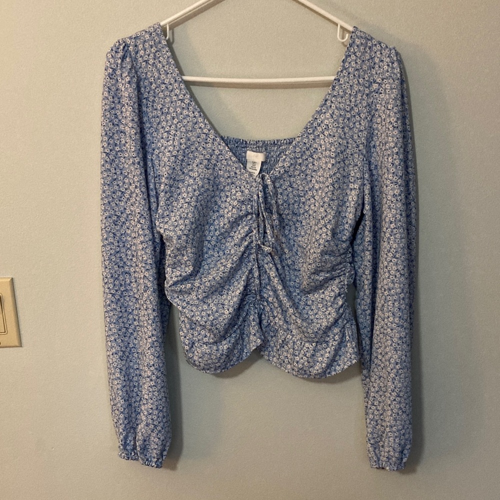 H&M Blue Floral Long-Sleeve Tie-Front Top